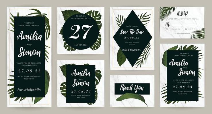 Tropical gold wedding invitation card design vector collection. Stationary design for vip banner, print and cover background.