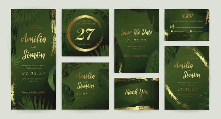 Tropical gold wedding invitation card design vector collection. Stationary design for vip banner, print and cover background.