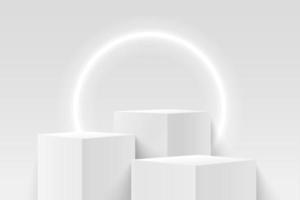 Abstract vector rendering 3d shape for products display presentation. Modern white and grey cube pedestal podium with empty room and circular neon background. Minimal wall scene.