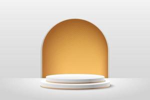 Abstract vector rendering 3d shape for products display presentation. Modern white and gold cylinder pedestal podium with white wall scene and golden tunnel background. Minimal studio room concept.