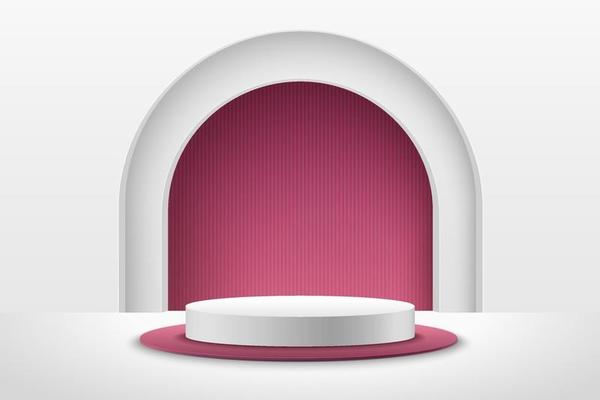 Abstract vector rendering 3d shape for products display presentation. Modern white and red round podium with empty room and red tunnel background. Minimal pastel studio room concept.