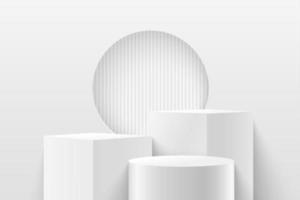 Abstract vector rendering 3d shape for advertising products display presentation. Modern white and grey geometric pedestal podium with empty room background. Minimal studio room concept.