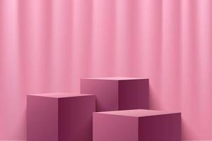 Abstract vector rendering 3d shape for advertising product display with copy space. Modern pink red cube podium with empty room and light red curtain background. Minimal studio room concept.