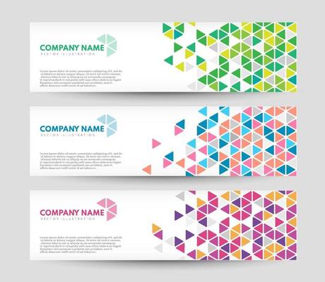 Set of horizontal white banners with colorful triangular shapes. Universal template for a web site elements. Coupon design set. Vector illustrator