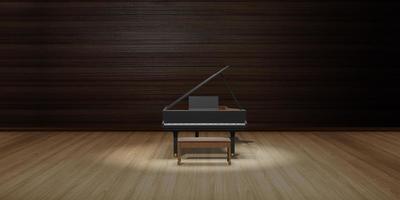 piano en el escenario, piso de madera e iluminación, ilustración 3d