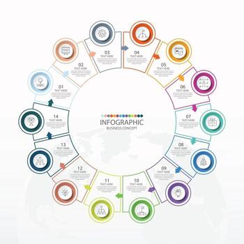 Basic circle infographic template with 14 steps, process or options, process chart, Used for process diagram, presentations, workflow layout, flow chart, infograph. Vector eps10 illustration.