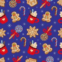 Seamless vector pattern of assorted traditional desserts for Christmas celebration on blue background