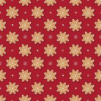 Seamless vector pattern of traditional gingerbread cookies and small white snowflakes on red background