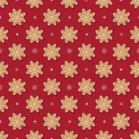 Seamless vector pattern of traditional gingerbread cookies and small white snowflakes on red background