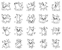 Conjunto de iconos de ilustración de vector de dibujos animados lindo de perros cachorros de chihuahua. es estilo de contorno.