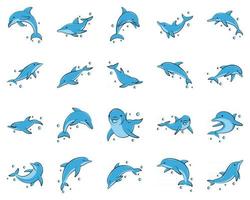 Conjunto de iconos de ilustración de vector de color plano de delfín azul