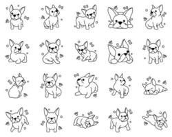 Conjunto de iconos de ilustración de vector de línea negra de dibujos animados sobre un fondo blanco de lindo bulldog francés.