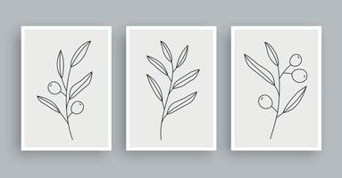 Fondo botánico de la pintura del arte de la pared de la rama de olivo. arte de follaje y línea dibujada a mano con forma abstracta. estilo nórdico escandinavo de mediados de siglo. vector