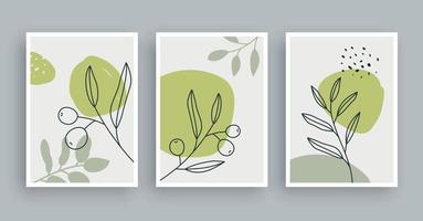 olive branch botanical wall art painting background. Foliage art and hand drawn line with abstract shape. Mid century scandinavian nordic style. vector