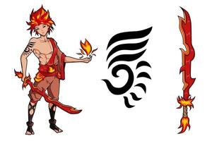 niño de fuego con diseño de juego de personajes de espada de fuego vector