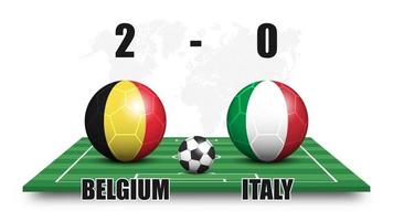 Belgium vs Italy. Soccer ball with national flag pattern on perspective football field. Dotted world map background. Football match result and scoreboard. Sport cup tournament. 3D vector design.