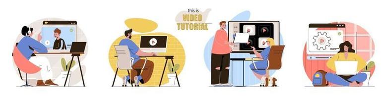 This is Video Tutorial concept scenes set vector