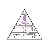 A triangular labyrinth, a pyramid with a black stroke. A game for children. Simple flat vector illustration isolated on white background. With the answer.