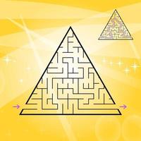 A triangular labyrinth, a pyramid with a black stroke. A game for children. A simple flat vector illustration isolated on a colored background. With the answer.