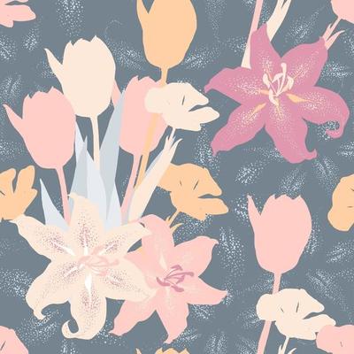 Seamless pattern pastel color Tulips and Lilly flowers abstract background. Illustration drawing flat design. repeat floral wallpaper fabric print.