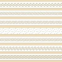 Set of seven pastel patterned brown or beige washi seamless border tapes for scrapbooking. Drawings are composed of triangles, squares and lines shapes on white background
