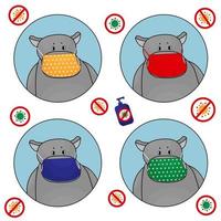 Set of hippos in red, yellow, green, blue masks with sanitizer, and viruses vector