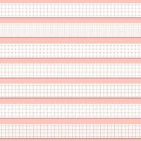 Set of seven pastel patterned pink washi seamless border tapes for scrapbooking. Drawings are composed of squares, rough circles and dotted line shapes on white background vector