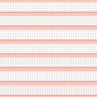 Set of seven pastel patterned pink washi seamless border tapes for scrapbooking. Drawings are composed of squares, rough circles and dotted line shapes on white background vector