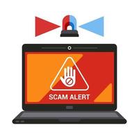 warning on laptop screen scam alert. flat vector illustration.