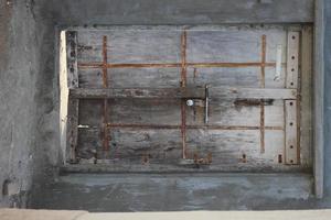 door with window with wood background photo