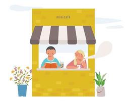 Two couples are reading a book and drinking coffee in a small cafe. vector design illustrations.