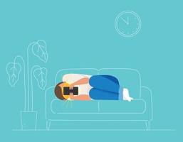 A man is lying on the sofa and looking at his phone. vector design illustrations.