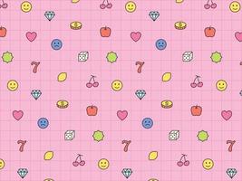 Cute gambling icons arranged on pink grid. Simple pattern design template. vector