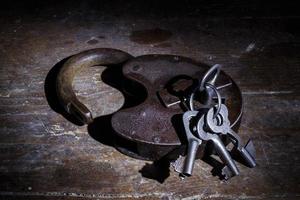 Old lock with keys in the dark photo