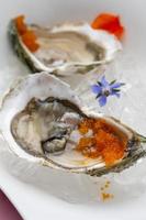 close-up of an oyster with red caviar photo