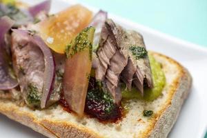 close-up of a tuna toast with tomato and onion photo