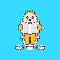 Cute dog Pooping On Toilet and read newspaper. Animal cartoon concept isolated. Can used for t-shirt, greeting card, invitation card or mascot. Flat Cartoon Style vector