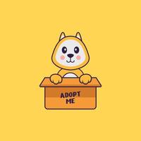 Cute dog in box with a poster Adopt me. Animal cartoon concept isolated. Can used for t-shirt, greeting card, invitation card or mascot. Flat Cartoon Style vector