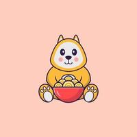 Cute dog eating ramen noodles. Animal cartoon concept isolated. Can used for t-shirt, greeting card, invitation card or mascot. Flat Cartoon Style vector