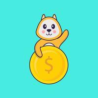 Cute dog holding coin. Animal cartoon concept isolated. Can used for t-shirt, greeting card, invitation card or mascot. Flat Cartoon Style vector