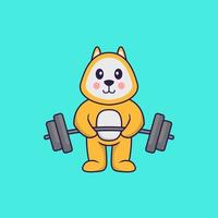 Cute dog lifts the barbell. Animal cartoon concept isolated. Can used for t-shirt, greeting card, invitation card or mascot. Flat Cartoon Style vector