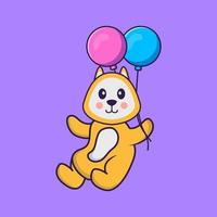 lindo perro volando con dos globos. aislado concepto de dibujos animados de animales. Puede utilizarse para camiseta, tarjeta de felicitación, tarjeta de invitación o mascota. estilo de dibujos animados plana vector