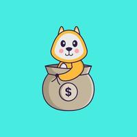 Cute dog in a money bag. Animal cartoon concept isolated. Can used for t-shirt, greeting card, invitation card or mascot. Flat Cartoon Style vector