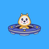 Cute dog Driving Spaceship Ufo. Animal cartoon concept isolated. Can used for t-shirt, greeting card, invitation card or mascot. Flat Cartoon Style vector