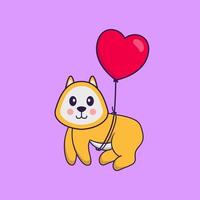 lindo perro volando con globos en forma de amor. aislado concepto de dibujos animados de animales. Puede utilizarse para camiseta, tarjeta de felicitación, tarjeta de invitación o mascota. estilo de dibujos animados plana vector