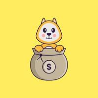 Cute dog playing in money bag. Animal cartoon concept isolated. Can used for t-shirt, greeting card, invitation card or mascot. Flat Cartoon Style vector