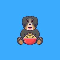 Cute dog eating ramen noodles. Animal cartoon concept isolated. Can used for t-shirt, greeting card, invitation card or mascot. Flat Cartoon Style vector