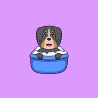 lindo perro tomando un baño en la bañera. aislado concepto de dibujos animados de animales. Puede utilizarse para camiseta, tarjeta de felicitación, tarjeta de invitación o mascota. estilo de dibujos animados plana