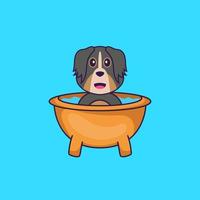 lindo perro tomando un baño en la bañera. aislado concepto de dibujos animados de animales. Puede utilizarse para camiseta, tarjeta de felicitación, tarjeta de invitación o mascota. estilo de dibujos animados plana vector