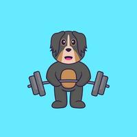 Cute dog lifts the barbell. Animal cartoon concept isolated. Can used for t-shirt, greeting card, invitation card or mascot. Flat Cartoon Style vector